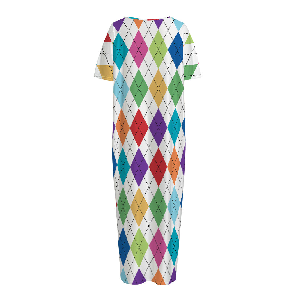 Colorful Argyle Pattern Print Short Sleeve Long Nightdress