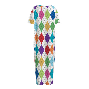 Colorful Argyle Pattern Print Short Sleeve Long Nightdress