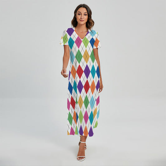 Colorful Argyle Pattern Print Short Sleeve Maxi Dress