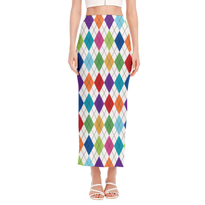 Colorful Argyle Pattern Print Side Slit Maxi Skirt