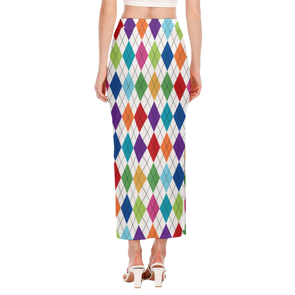 Colorful Argyle Pattern Print Side Slit Maxi Skirt