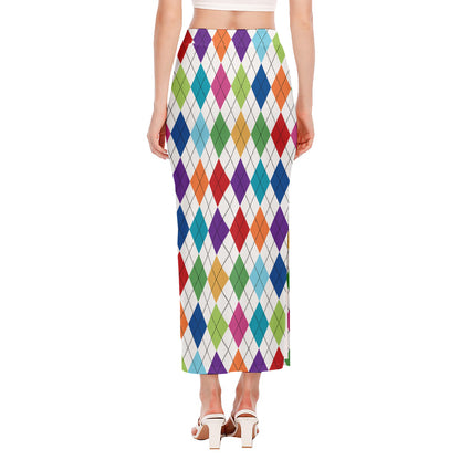 Colorful Argyle Pattern Print Side Slit Maxi Skirt