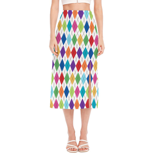 Colorful Argyle Pattern Print Side Slit Midi Skirt