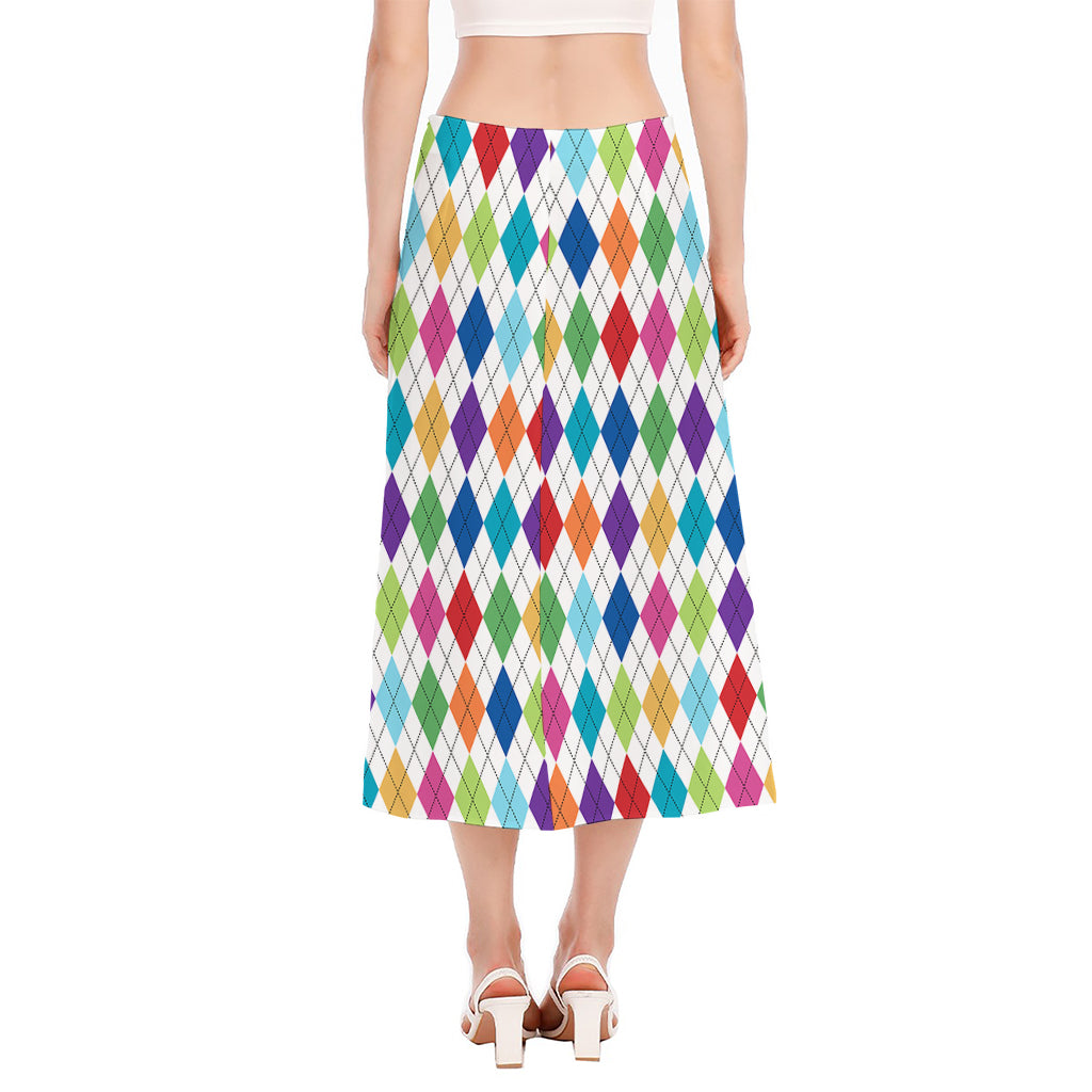 Colorful Argyle Pattern Print Side Slit Midi Skirt