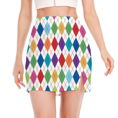 Colorful Argyle Pattern Print Side Slit Mini Skirt