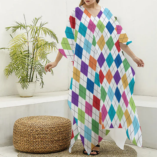 Colorful Argyle Pattern Print Silk V-Neck Kaftan Dress