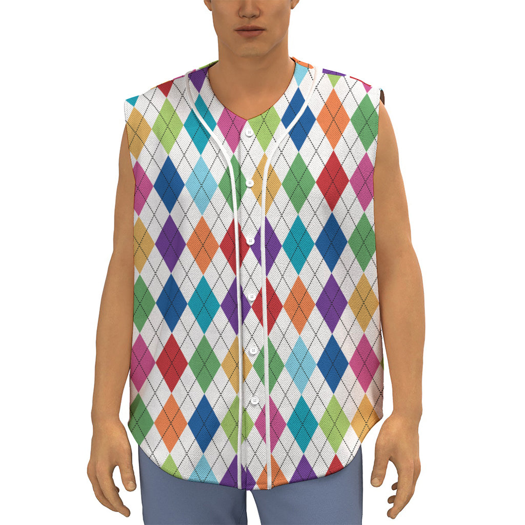 Colorful Argyle Pattern Print Sleeveless Baseball Jersey