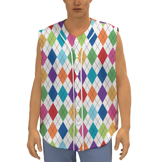 Colorful Argyle Pattern Print Sleeveless Baseball Jersey