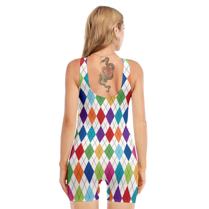 Colorful Argyle Pattern Print Sleeveless One Piece Swimsuit