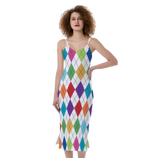 Colorful Argyle Pattern Print Slim Fit Midi Cami Dress