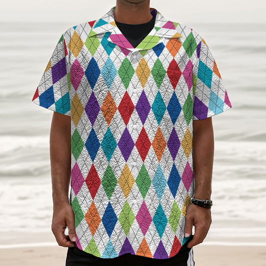 Colorful Argyle Pattern Print Textured Short Sleeve Shirt