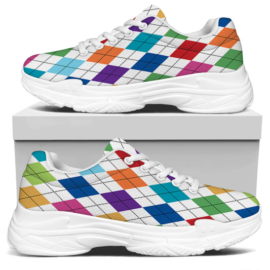 Colorful Argyle Pattern Print White Chunky Shoes