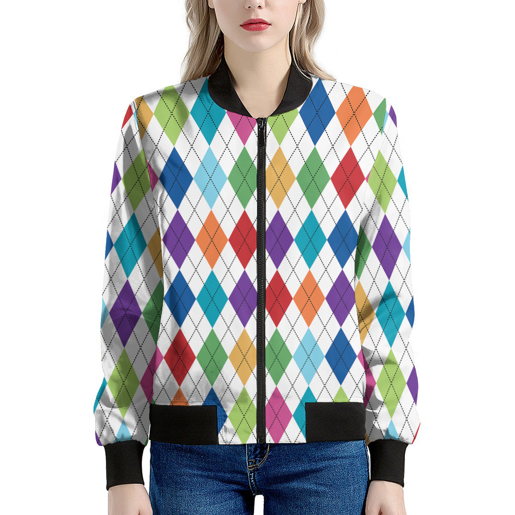 Colorful Argyle Pattern Print Women's Bomber Jacket