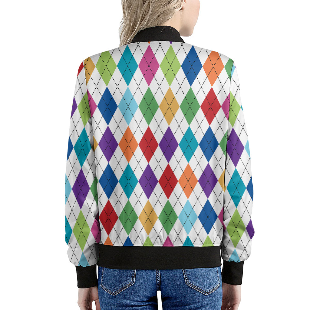 Colorful Argyle Pattern Print Women's Bomber Jacket