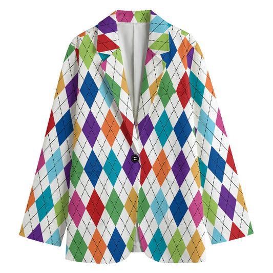 Colorful Argyle Pattern Print Women's Cotton Blazer