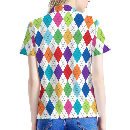 Colorful Argyle Pattern Print Women's Polo Shirt