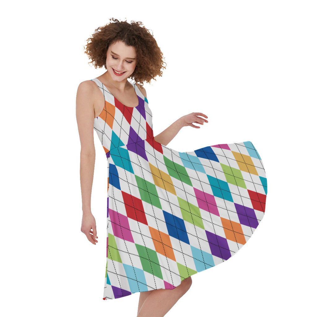 Colorful Argyle Pattern Print Women's Sleeveless Dress