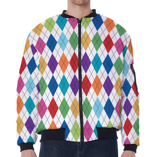 Colorful Argyle Pattern Print Zip Sleeve Bomber Jacket