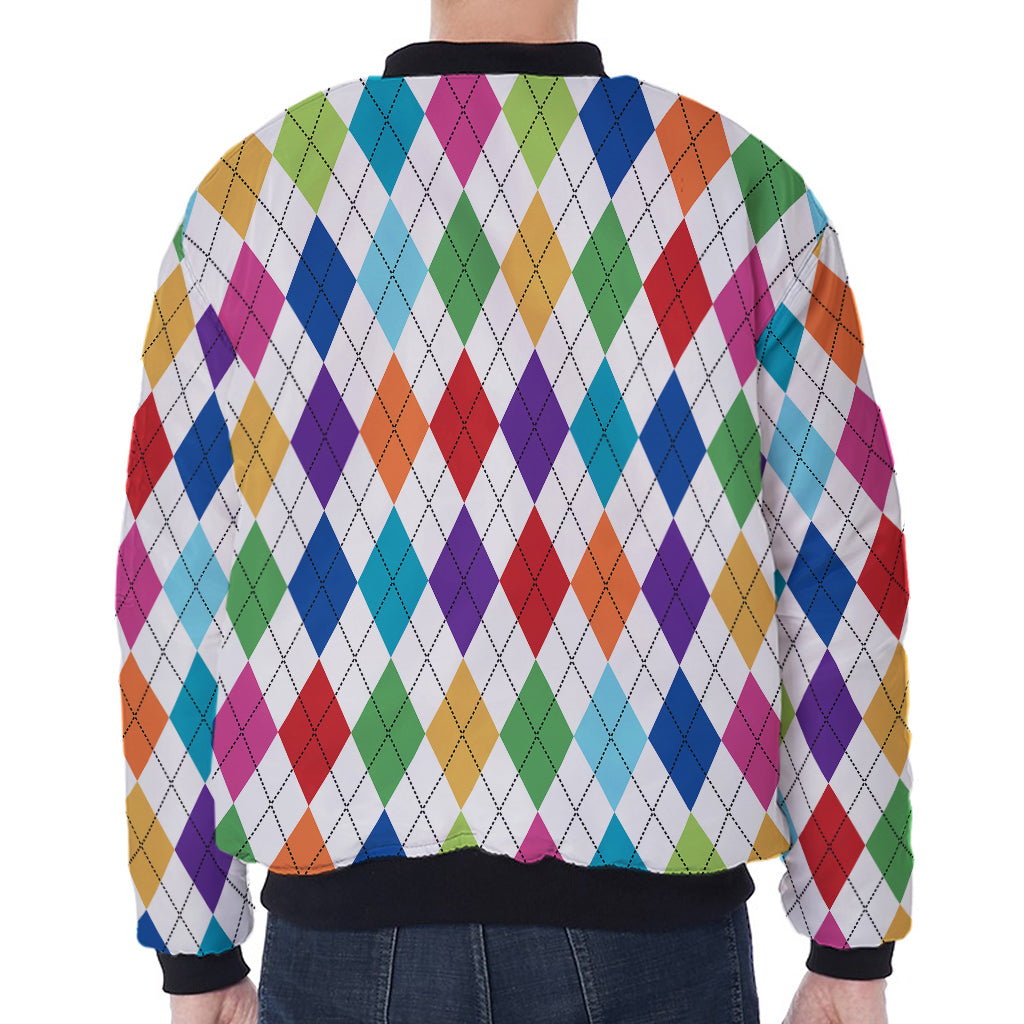 Colorful Argyle Pattern Print Zip Sleeve Bomber Jacket