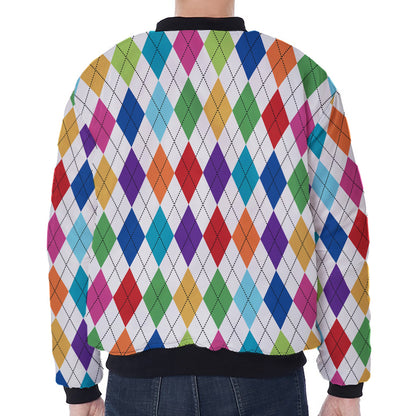 Colorful Argyle Pattern Print Zip Sleeve Bomber Jacket