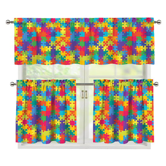 Colorful Autism Awareness Jigsaw Print 3 Piece Kitchen Curtains