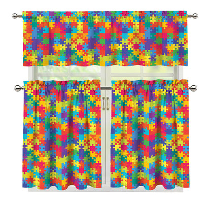 Colorful Autism Awareness Jigsaw Print 3 Piece Kitchen Curtains