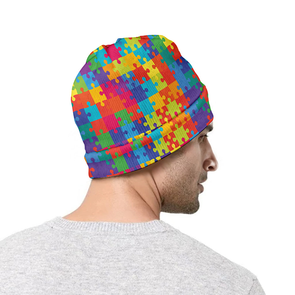 Colorful Autism Awareness Jigsaw Print Beanie