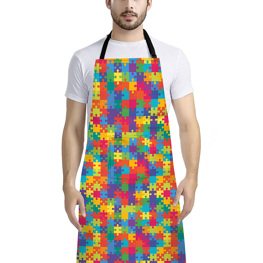 Colorful Autism Awareness Jigsaw Print Bib Apron With Pocket