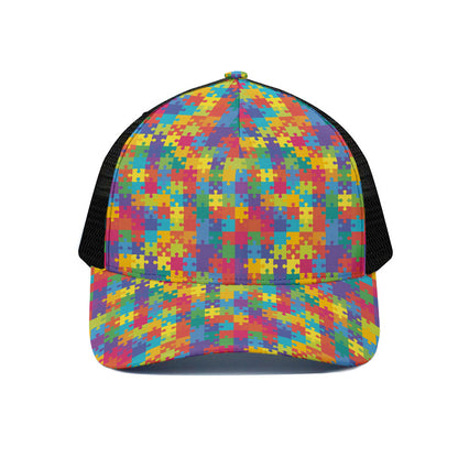 Colorful Autism Awareness Jigsaw Print Black Mesh Trucker Cap