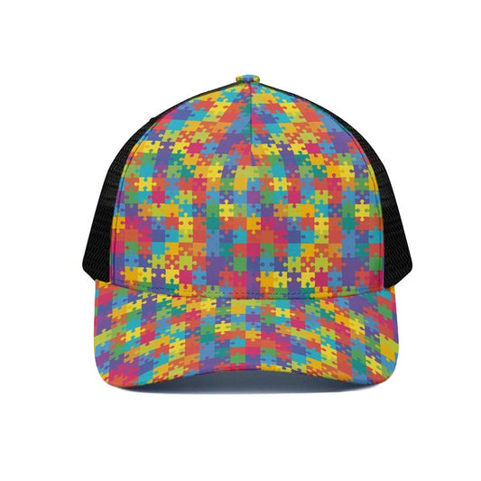 Colorful Autism Awareness Jigsaw Print Black Mesh Trucker Cap
