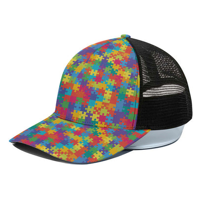 Colorful Autism Awareness Jigsaw Print Black Mesh Trucker Cap