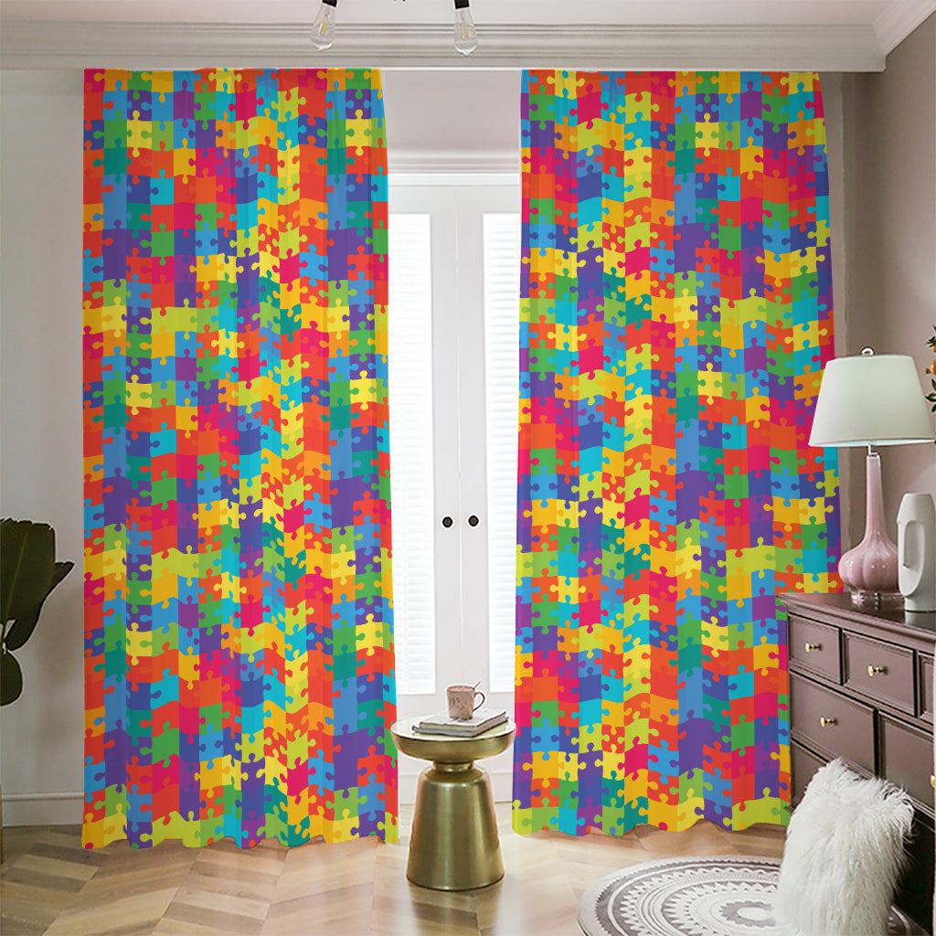 Colorful Autism Awareness Jigsaw Print Blackout Pencil Pleat Curtains