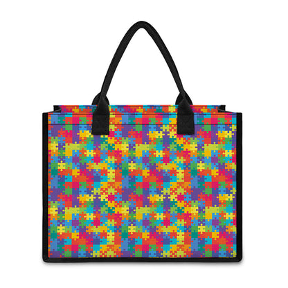 Colorful Autism Awareness Jigsaw Print Canvas Tote Bag