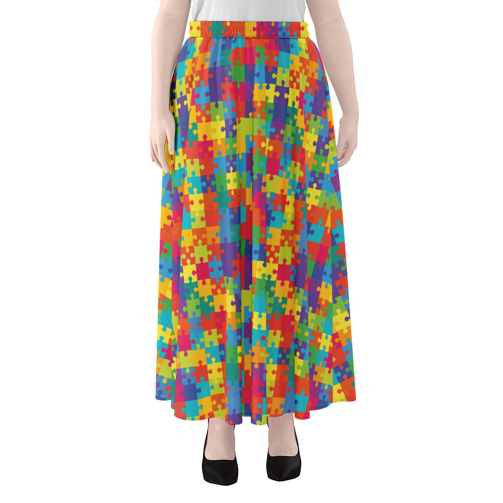 Colorful Autism Awareness Jigsaw Print Chiffon Maxi Skirt