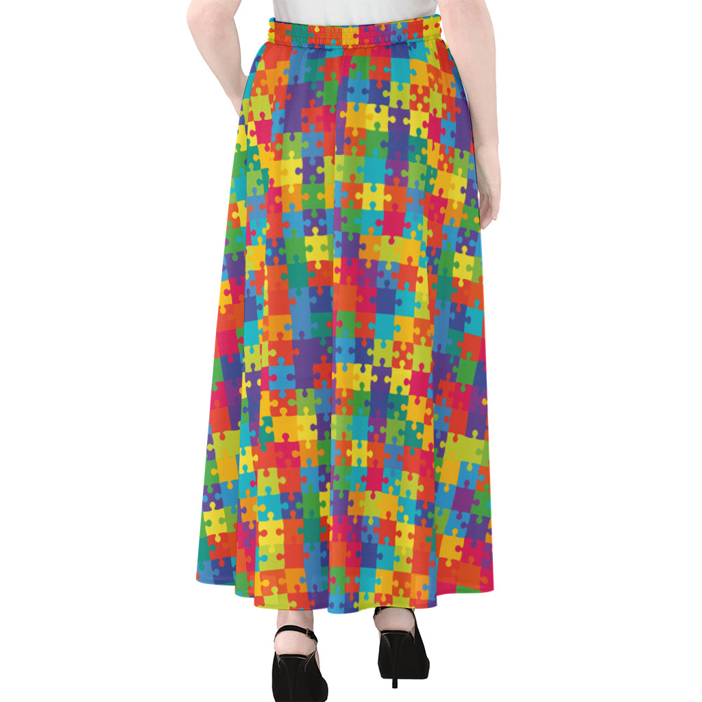 Colorful Autism Awareness Jigsaw Print Chiffon Maxi Skirt