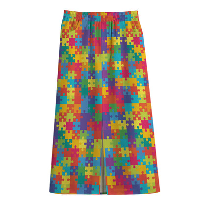 Colorful Autism Awareness Jigsaw Print Cotton Front Slit Maxi Skirt