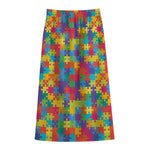 Colorful Autism Awareness Jigsaw Print Cotton Front Slit Maxi Skirt