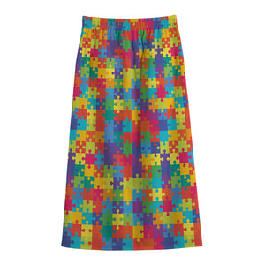 Colorful Autism Awareness Jigsaw Print Cotton Front Slit Maxi Skirt