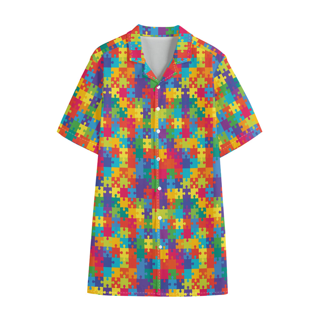 Colorful Autism Awareness Jigsaw Print Cotton Hawaiian Shirt