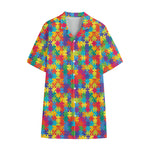 Colorful Autism Awareness Jigsaw Print Cotton Hawaiian Shirt