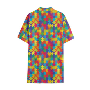 Colorful Autism Awareness Jigsaw Print Cotton Hawaiian Shirt