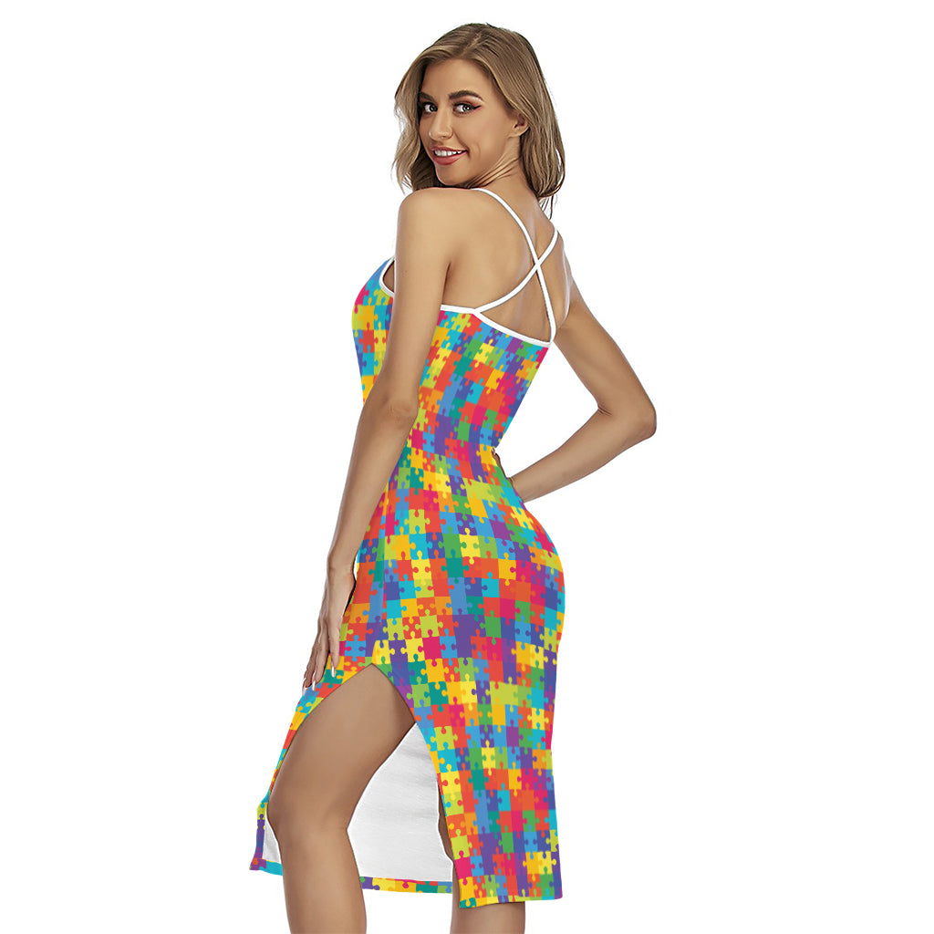 Colorful Autism Awareness Jigsaw Print Cross Back Cami Dress