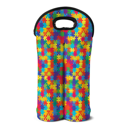 Colorful Autism Awareness Jigsaw Print Double Neoprene Wine Tote