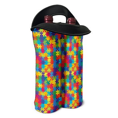 Colorful Autism Awareness Jigsaw Print Double Neoprene Wine Tote