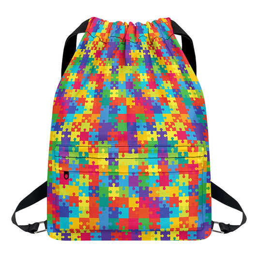 Colorful Autism Awareness Jigsaw Print Drawstring Backpack