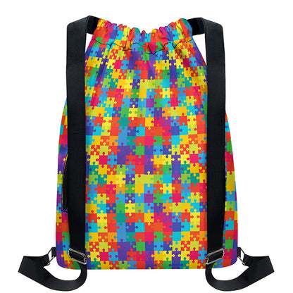 Colorful Autism Awareness Jigsaw Print Drawstring Backpack