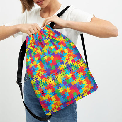 Colorful Autism Awareness Jigsaw Print Drawstring Backpack