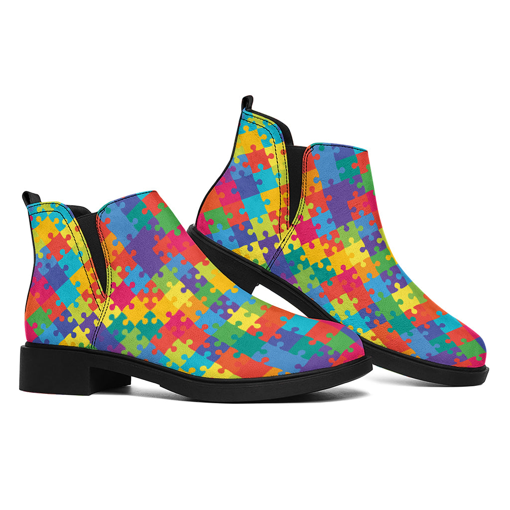 Colorful Autism Awareness Jigsaw Print Flat Ankle Boots