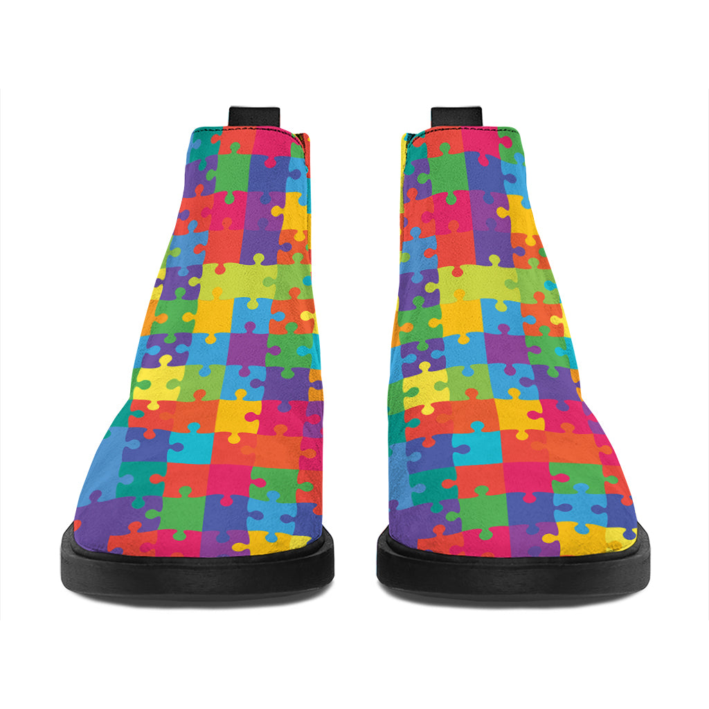 Colorful Autism Awareness Jigsaw Print Flat Ankle Boots