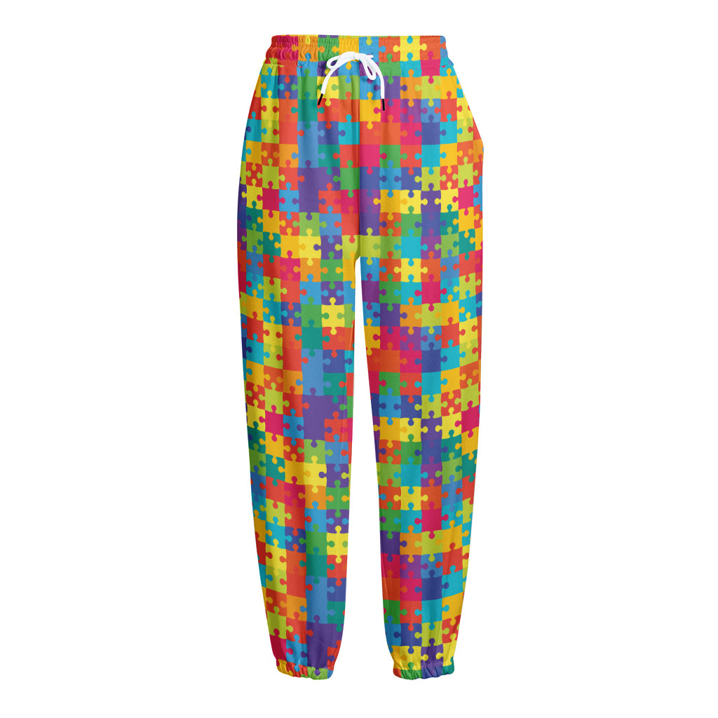 Colorful Autism Awareness Jigsaw Print Fleece Lined Knit Pants